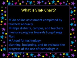 What is STaR Chart?

 An online assessment completed by
teachers annually.
Helps districts, campus, and teachers
measure progress towards Long-Range
Plan.
A tool for technology
planning, budgeting, and to evaluate the
progress of the use of technology in
classrooms.
 