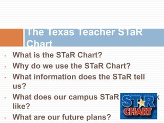 The Texas Teacher STaR
       Chart
•   What is the STaR Chart?
•   Why do we use the STaR Chart?
•   What information does the STaR tell
    us?
•   What does our campus STaR Chart look
    like?
•   What are our future plans?
 