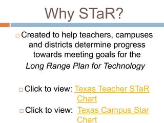 Why STaR?
   Created to help teachers, campuses
      and districts determine progress
       towards meeting goals for the
     Long Range Plan for Technology

 Click to view: Texas Teacher STaR
                  Chart
 Click to view: Texas Campus Star

                  Chart
 