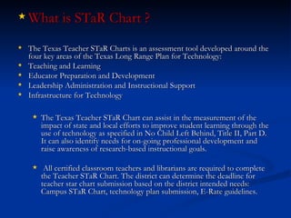 What is STaR Chart ?  The Texas Teacher STaR Charts is an assessment tool developed around the four key areas of the Texas Long Range Plan for Technology:  Teaching and Learning  Educator Preparation and Development  Leadership Administration and Instructional Support  Infrastructure for Technology The Texas Teacher STaR Chart can assist in the measurement of the impact of state and local efforts to improve student learning through the use of technology as specified in No Child Left Behind, Title II, Part D. It can also identify needs for on-going professional development and raise awareness of research-based instructional goals. All certified classroom teachers and librarians are required to complete the Teacher STaR Chart. The district can determine the deadline for teacher star chart submission based on the district intended needs: Campus STaR Chart, technology plan submission, E-Rate guidelines.  