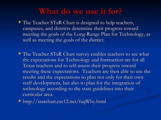 What do we use it for? The Teacher STaR Chart is designed to help teachers, campuses, and districts determine their progress toward meeting the goals of the Long-Range Plan for Technology, as well as meeting the goals of the district.  The Teacher STaR Chart survey enables teachers to see what the expectations for Technology and Instruction are for all Texas teachers and to self-assess their progress toward meeting these expectations.  Teachers are then able to use the results and the expectations to plan not only for their own staff development, but also to plan for the integration of technology according to the state guidelines into their curricular area. http://starchart.esc12.net/faqWhy.html 