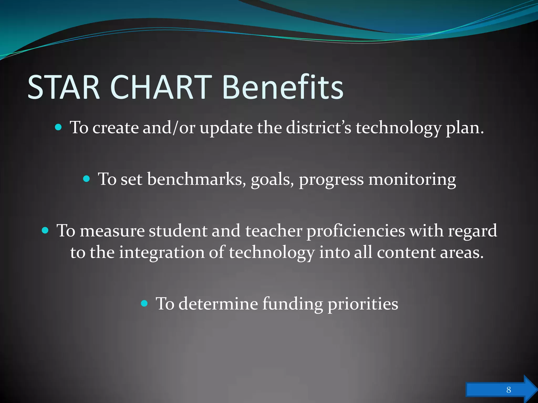 STAR CHART Benefits
  To create and/or update the district’s technology plan.


      To set benchmarks, goals, progress monitoring


 To measure student and teacher proficiencies with regard
   to the integration of technology into all content areas.

             To determine funding priorities



                                                              8
 