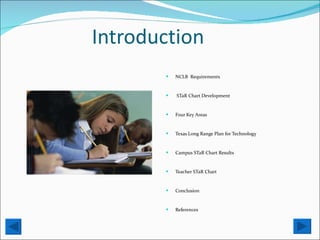 Introduction NCLB  Requirements STaR Chart Development Four Key Areas Texas Long Range Plan for Technology Campus STaR Chart Results Teacher STaR Chart  Conclusion References 