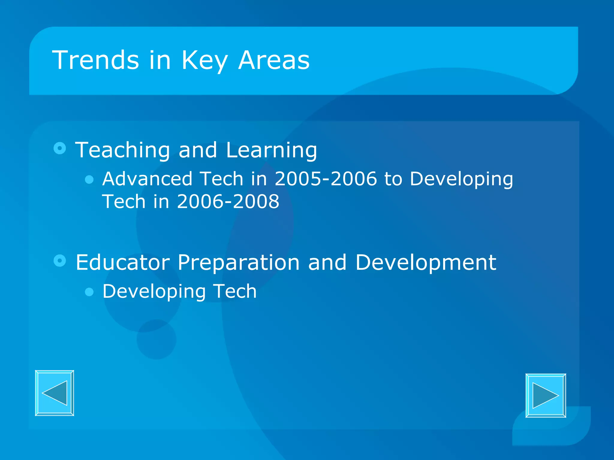Trends in Key Areas Teaching and Learning  Advanced Tech in 2005-2006 to Developing Tech in 2006-2008 Educator Preparation and Development Developing Tech 