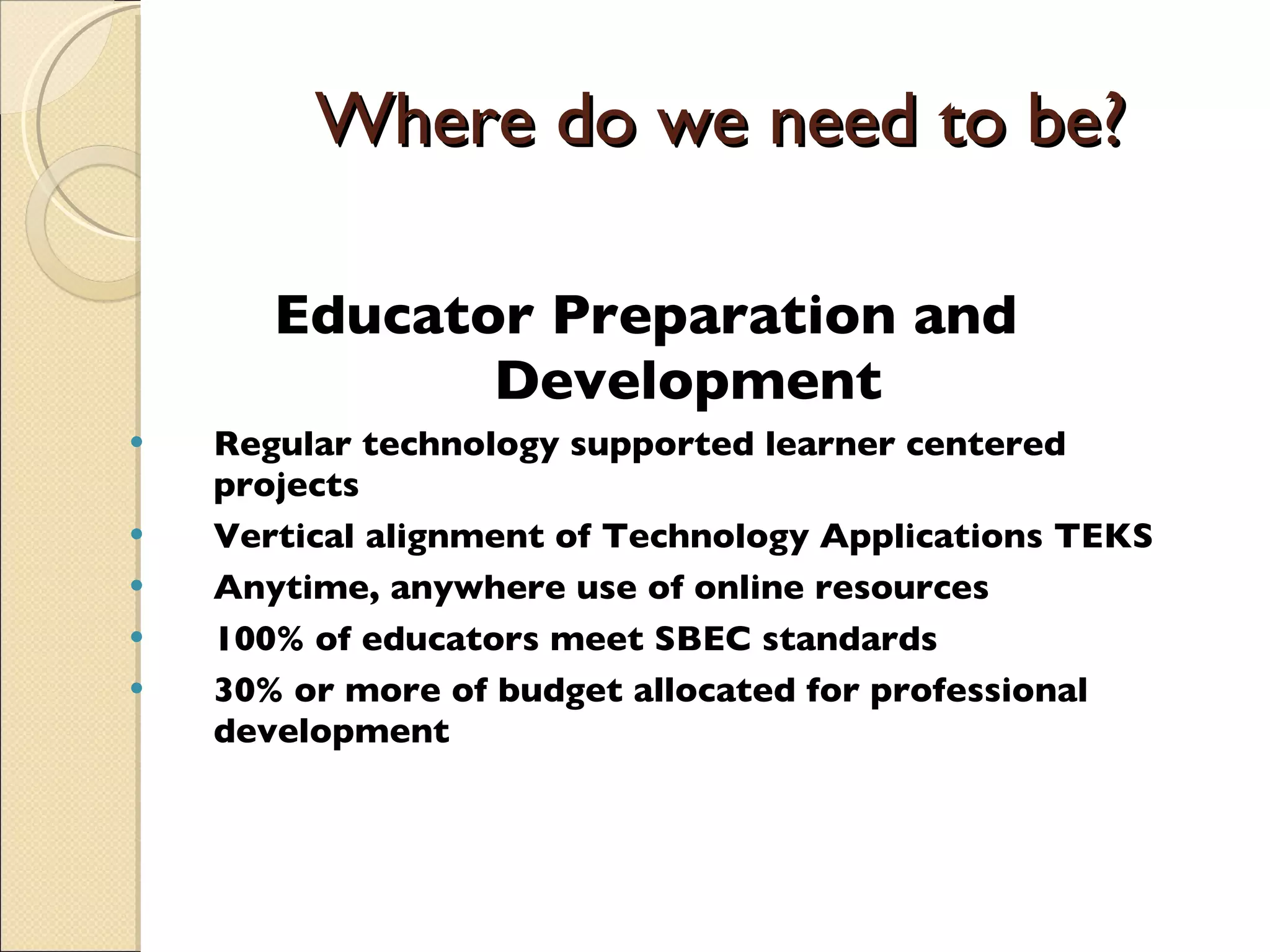 Where do we need to be? Educator Preparation and Development Regular technology supported learner centered projects Vertical alignment of Technology Applications TEKS Anytime, anywhere use of online resources 100% of educators meet SBEC standards 30% or more of budget allocated for professional development 