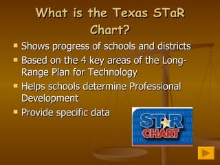 What is the Texas STaR Chart? Shows progress of schools and districts Based on the 4 key areas of the Long-Range Plan for Technology Helps schools determine Professional Development Provide specific data  