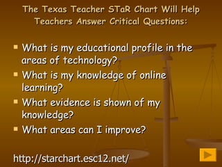 The Texas Teacher STaR Chart Will Help Teachers Answer Critical Questions: What is my educational profile in the areas of technology? What is my knowledge of online learning? What evidence is shown of my knowledge? What areas can I improve? http://starchart.esc12.net/ 