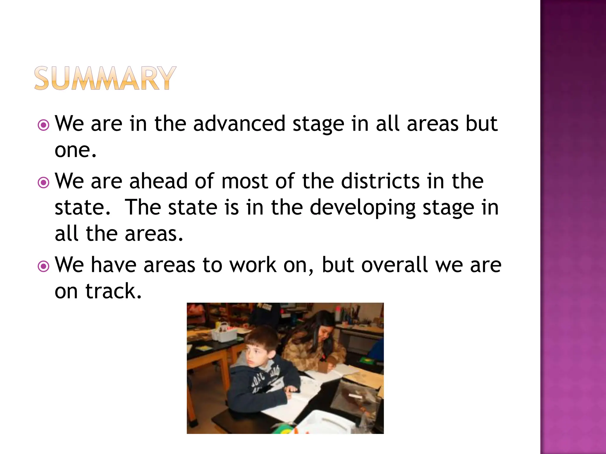 SummaryWe are in the advanced stage in all areas but one.We are ahead of most of the districts in the state.  The state is in the developing stage in all the areas.We have areas to work on, but overall we are on track.