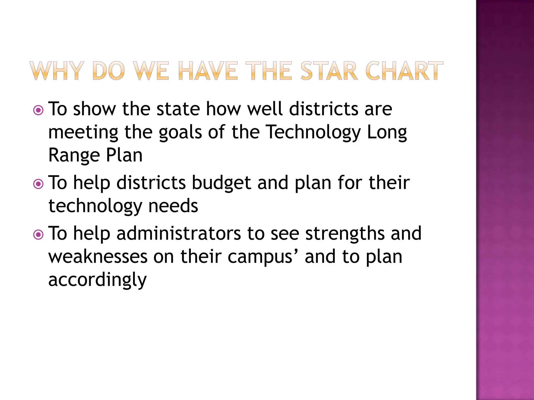 Why do we have the star chartTo show the state how well districts are meeting the goals of the Technology Long Range PlanTo help districts budget and plan for their technology needsTo help administrators to see strengths and weaknesses on their campus’ and to plan accordingly