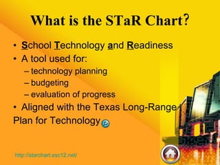 What is the STaR Chart? S chool  T echnology  a nd  R eadiness A tool used for: technology planning budgeting evaluation of progress Aligned with the Texas Long-Range  Plan for Technology http://starchart.esc12.net/   