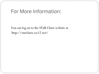 For More Information: You can log on to the STaR Chart website at  http://starchart.esc12.net/ 