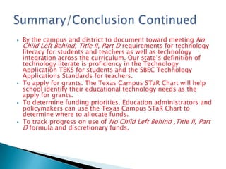 By the campus and district to document toward meeting No Child Left Behind, Title II, Part D requirements for technology literacy for students and teachers as well as technology integration across the curriculum. Our state’s definition of technology literate is proficiency in the Technology Application TEKS for students and the SBEC Technology Applications Standards for teachers. To apply for grants. The Texas Campus STaR Chart will help school identify their educational technology needs as the apply for grants.To determine funding priorities. Education administrators and policymakers can use the Texas Campus STaR Chart to determine where to allocate funds.To track progress on use of No Child Left Behind ,TitleII, Part D formula and discretionary funds. Summary/Conclusion Continued