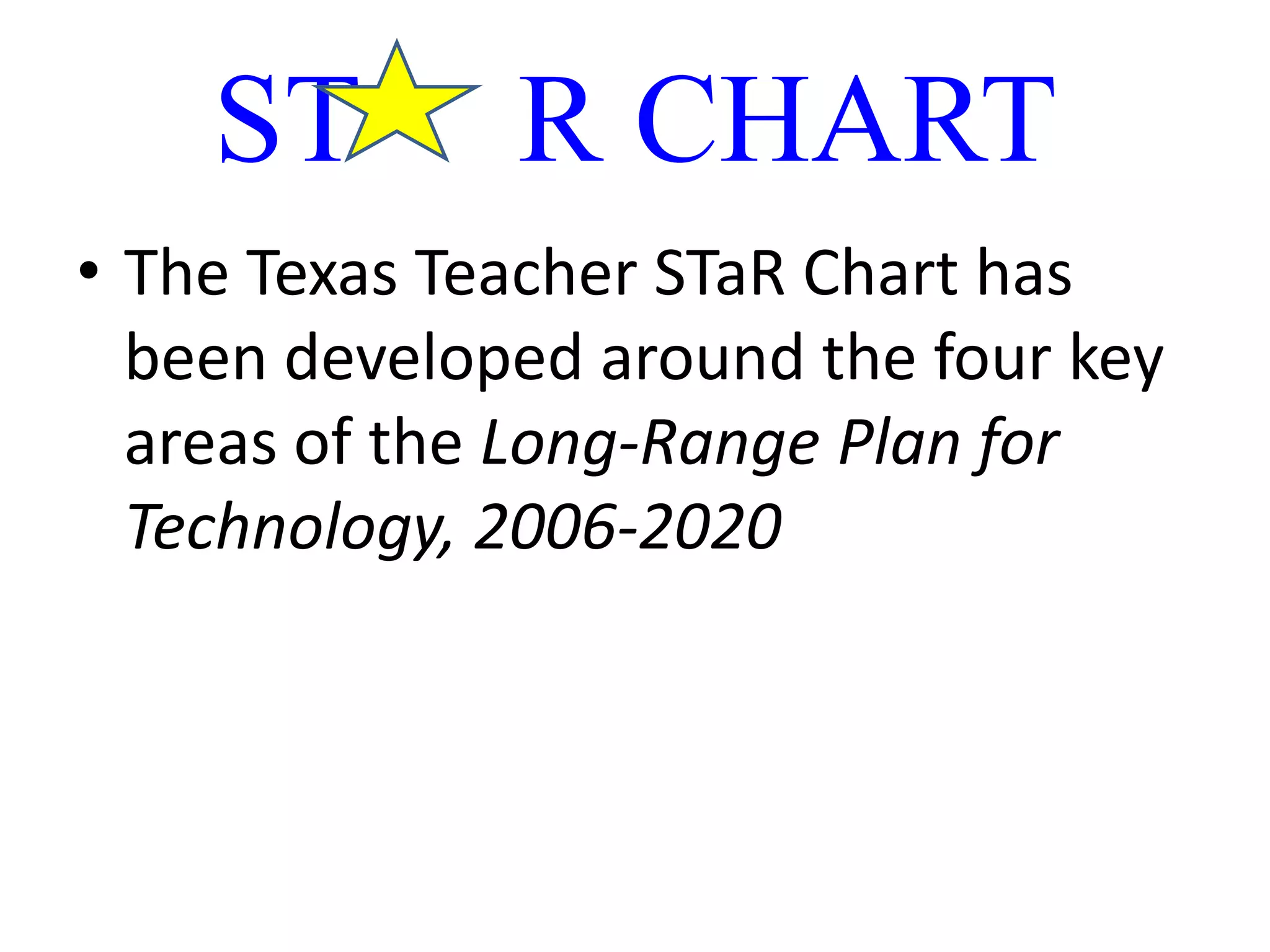 ST     R CHARTThe Texas Teacher STaR Chart has been developed around the four key areas of the Long-Range Plan for Technology, 2006-2020