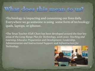 The Texas Teacher STaR Chart is designed to help teachers, campuses, and districts determine their progress toward meeting...