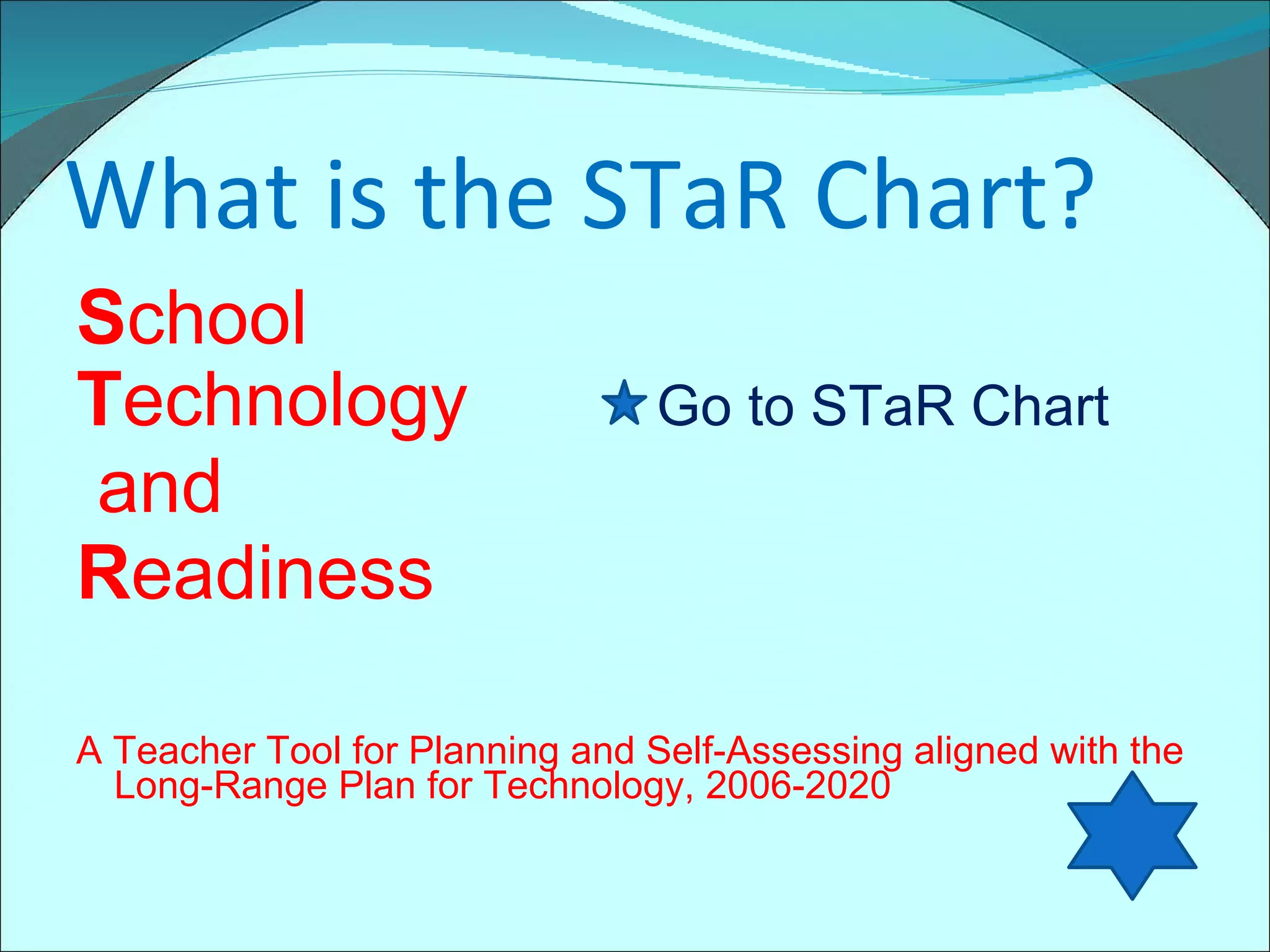 What is the STaR Chart? S chool  T echnology  Go to STaR Chart and  R eadiness A Teacher Tool for Planning and Self-Assessing aligned with the Long-Range Plan for Technology, 2006-2020 
