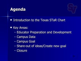 Agenda Introduction to the  Texas  STaR  Chart Key Areas: Educator Preparation and Development Campus Data Campus Goal Share-out of ideas/Create new goal Closure 