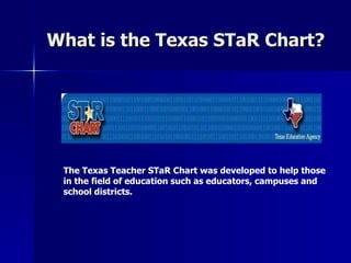 What is the Texas STaR Chart? The Texas Teacher STaR Chart was developed to help those in the field of education such as educators, campuses and school districts.   