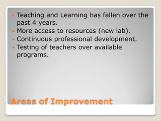  Teaching and Learning has fallen over the
  past 4 years.
 More access to resources (new lab).
 Continuous professional development.
 Testing of teachers over available
  programs.




Areas of Improvement
 
