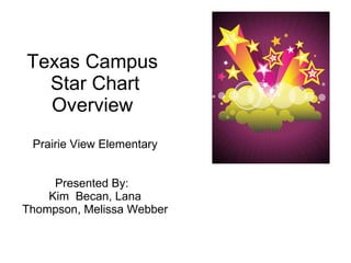 Texas Campus  Star Chart Overview  Prairie View Elementary Presented By:  Kim  Becan, Lana Thompson, Melissa Webber 