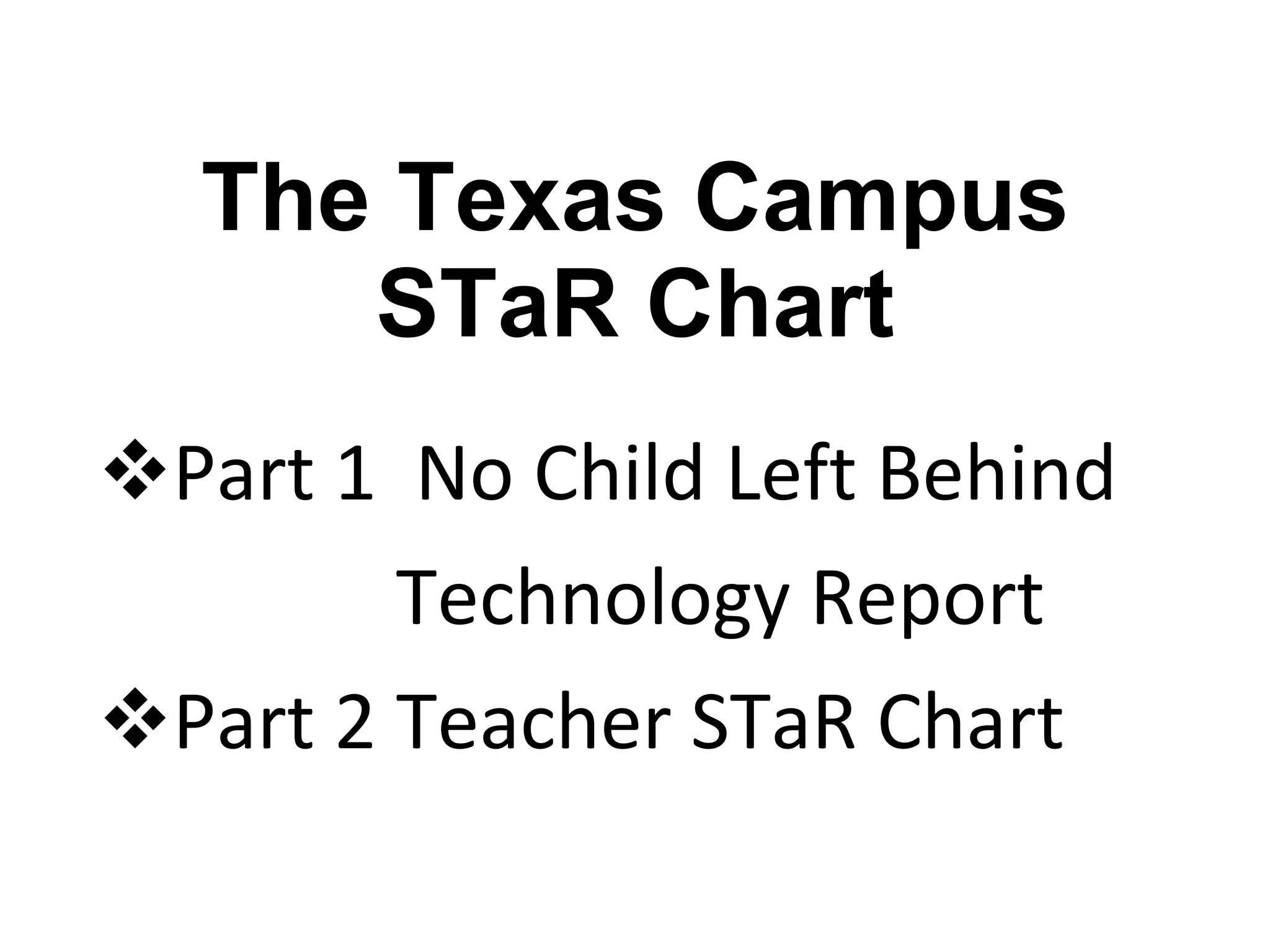 The Texas Campus STaR Chart Part 1  No Child Left Behind   Technology Report Part 2 Teacher STaR Chart 