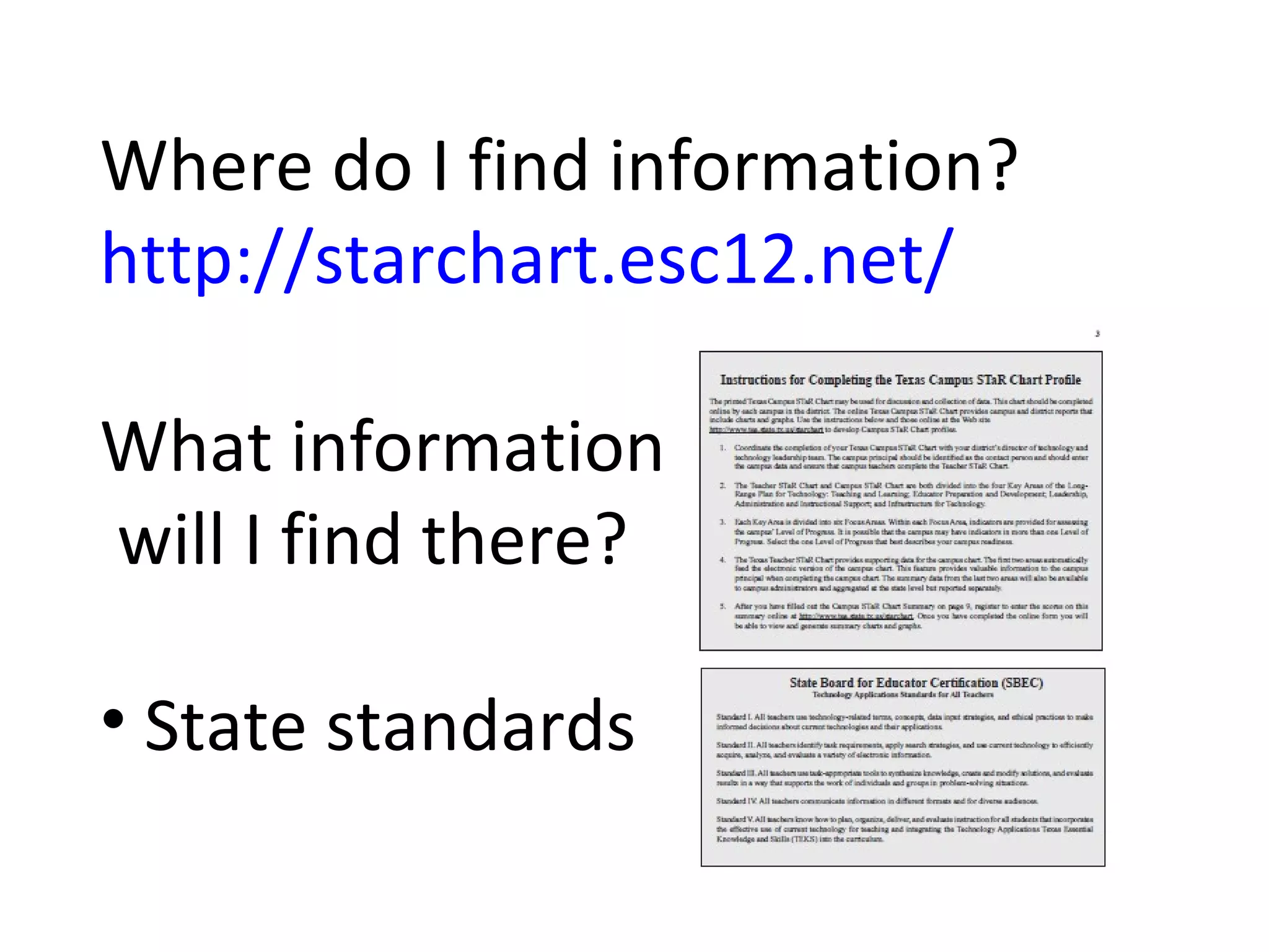 Where do I find information? http://starchart.esc12.net/ What information will I find there? State standards 