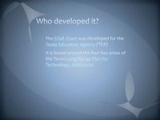 Who developed it?The STaR Chart was developed for the Texas Education Agency (TEA) It is based around the four key areas of the Texas Long-Range Plan for Technology, 2006-2020