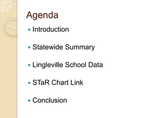 Agenda
   Introduction

   Statewide Summary

   Lingleville School Data

   STaR Chart Link

   Conclusion
 