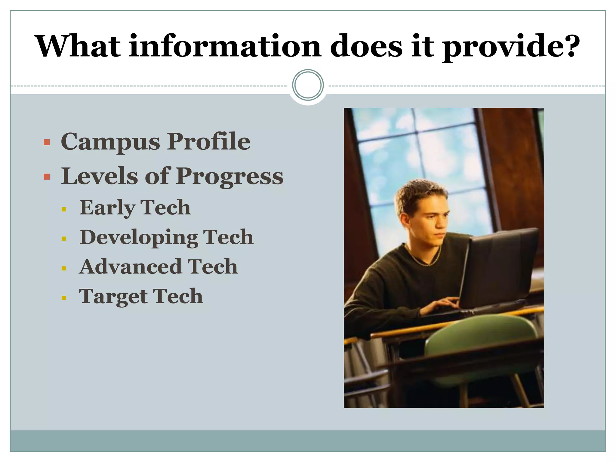 What information does it provide?


 Campus Profile
 Levels of Progress
   Early Tech

   Developing Tech

   Advanced Tech

   Target Tech
 