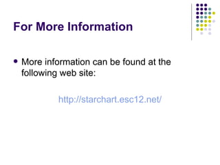 For More Information More information can be found at the following web site: http://starchart.esc12.net/   
