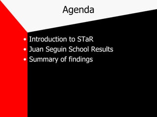 Agenda Introduction to STaR Juan Seguin School Results Summary of findings  