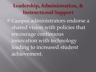 Campus  administrators endorse a shared vision with policies that encourage continuous innovation with technology leading to increased student achievement. 
