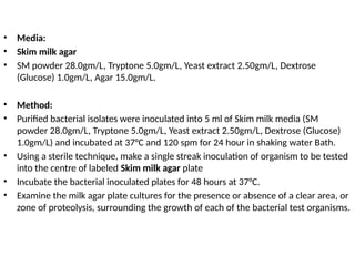 • Media:
• Skim milk agar
• SM powder 28.0gm/L, Tryptone 5.0gm/L, Yeast extract 2.50gm/L, Dextrose
(Glucose) 1.0gm/L, Agar 15.0gm/L.
• Method:
• Purified bacterial isolates were inoculated into 5 ml of Skim milk media (SM
powder 28.0gm/L, Tryptone 5.0gm/L, Yeast extract 2.50gm/L, Dextrose (Glucose)
1.0gm/L) and incubated at 37°C and 120 spm for 24 hour in shaking water Bath.
• Using a sterile technique, make a single streak inoculation of organism to be tested
into the centre of labeled Skim milk agar plate
• Incubate the bacterial inoculated plates for 48 hours at 37°C.
• Examine the milk agar plate cultures for the presence or absence of a clear area, or
zone of proteolysis, surrounding the growth of each of the bacterial test organisms.
 
