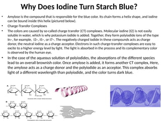 Why Does Iodine Turn Starch Blue?
• Amylose is the compound that is responsible for the blue color. Its chain forms a helix shape, and iodine
can be bound inside this helix (pictured below).
• Charge-Transfer Complexes
• The colors are caused by so-called charge transfer (CT) complexes. Molecular iodine (I2) is not easily
soluble in water, which is why potassium iodide is added. Together, they form polyiodide ions of the type
In–, for example, I3–, I5–, or I7–. The negatively charged iodide in these compounds acts as charge
donor, the neutral iodine as a charge acceptor. Electrons in such charge-transfer complexes are easy to
excite to a higher energy level by light. The light is absorbed in the process and its complementary color
is observed by the human eye.
• In the case of the aqueous solution of polyiodides, the absorptions of the different species
lead to an overall brownish color. Once amylose is added, it forms another CT complex, Here,
the amylose acts as a charge donor and the polyiodide as an acceptor. This complex absorbs
light of a different wavelength than polyiodide, and the color turns dark blue.
 