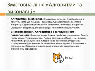 Змістовна лінія «Алгоритми та
виконавці»


Алгоритми і виконавці. Спонукальні речення. Ознайомлення з
поняттям команди. Команди і виконавці. Ознайомлення з поняттям
алгоритму. Середовище виконання алгоритмів. Виконавці алгоритмів.
Складання алгоритмів для виконавців. Алгоритми в нашому житті.



Висловлювання. Алгоритми з розгалуженням і
повторенням. Висловлювання. Істинні і хибні висловлювання. Аналіз
тексту задачі. Типи алгоритмів. Логічне слідування «Якщо – то – інакше».
Алгоритми з розгалуженням. Створення та виконання алгоритмів з
розгалуженням для виконавців у визначеному середовищі. Алгоритми з
повторенням. Створення та виконання алгоритмів з повторенням у
визначеному середовищі.

 