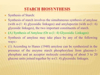 STARCH BIOSYNTHESIS
 Synthesis of Starch:
 Synthesis of starch involves the simultaneous synthesis of amylose
(with α-(1: 4) glycosidic linkages) and amylopectin (with α-(1: 6)
glycoside linkages), the two important constituents of starch.
 (A) Synthesis of Amylose (Or α-(1: 4) Glycosidic Linkages):
 Synthesis of amylose may take place by any of the following
ways:-
 (1) According to Hanes (1940) amylose can be synthesized in the
presence of the enzyme starch phosphorylase from glucose-1-
phosphate and an acceptor molecule consisting of about 3 to 20
glucose units joined together by α-(1: 4) glycosidic linkages.
 