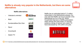 74
Netflix is already very popular in the Netherlands, but there are some
alternatives
Netflix alternatives:
- Videoland u...