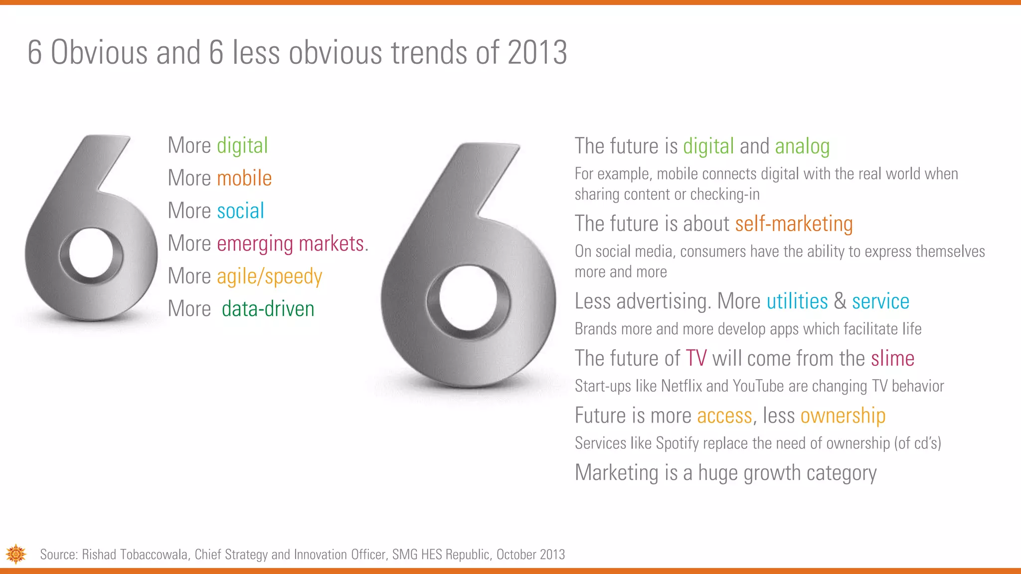 6 Obvious and 6 less obvious trends of 2013
More digital
More mobile
More social
More emerging markets.
More agile/speedy
More data-driven
The future is digital and analog
For example, mobile connects digital with the real world when
sharing content or checking-in
The future is about self-marketing
On social media, consumers have the ability to express themselves
more and more
Less advertising. More utilities & service
Brands more and more develop apps which facilitate life
The future of TV will come from the slime
Start-ups like Netflix and YouTube are changing TV behavior
Future is more access, less ownership
Services like Spotify replace the need of ownership (of cd’s)
Marketing is a huge growth category
Source: Rishad Tobaccowala, Chief Strategy and Innovation Officer, SMG HES Republic, October 2013
 