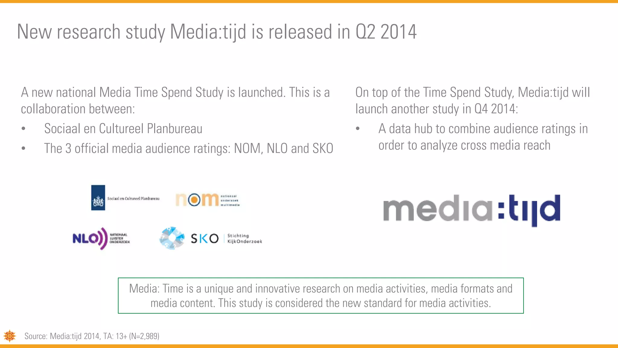 A new national Media Time Spend Study is launched. This is a
collaboration between:
• Sociaal en Cultureel Planbureau
• The 3 official media audience ratings: NOM, NLO and SKO
New research study Media:tijd is released in Q2 2014
On top of the Time Spend Study, Media:tijd will
launch another study in Q4 2014:
• A data hub to combine audience ratings in
order to analyze cross media reach
Media: Time is a unique and innovative research on media activities, media formats and
media content. This study is considered the new standard for media activities.
Source: Media:tijd 2014, TA: 13+ (N=2,989)
 