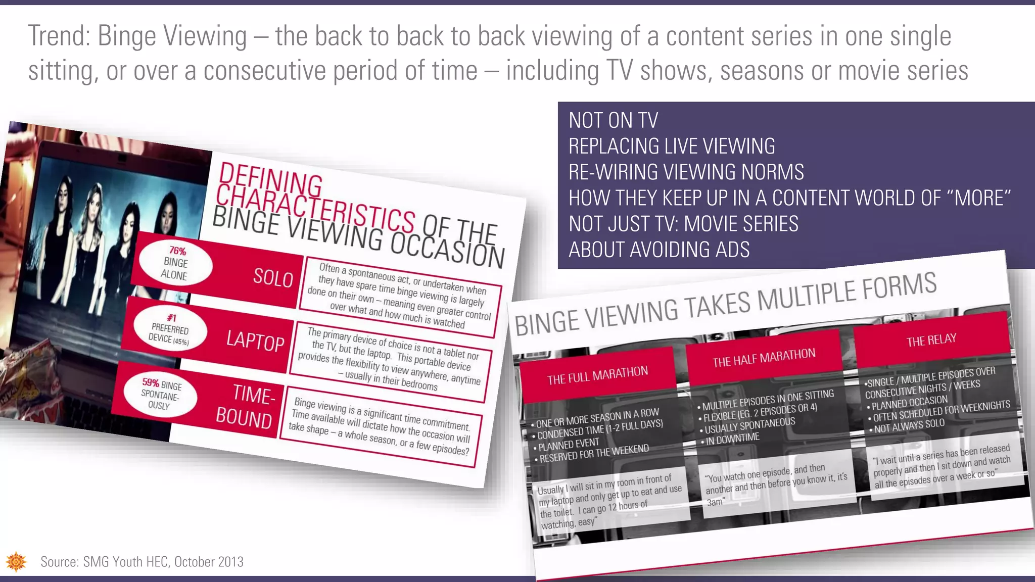 NOT ON TV
REPLACING LIVE VIEWING
RE-WIRING VIEWING NORMS
HOW THEY KEEP UP IN A CONTENT WORLD OF “MORE”
NOT JUST TV: MOVIE SERIES
ABOUT AVOIDING ADS
Trend: Binge Viewing – the back to back to back viewing of a content series in one single
sitting, or over a consecutive period of time – including TV shows, seasons or movie series
Source: SMG Youth HEC, October 2013
 
