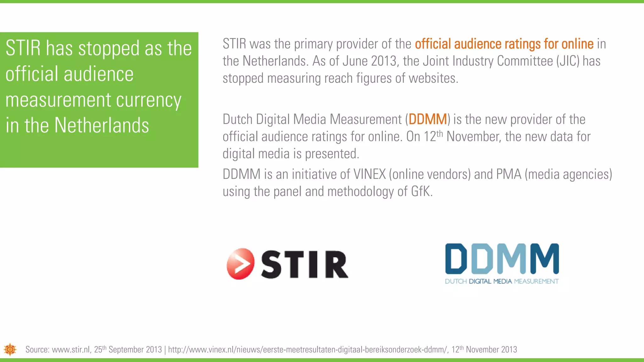 STIR has stopped as the
official audience
measurement currency
in the Netherlands
STIR was the primary provider of the official audience ratings for online in
the Netherlands. As of June 2013, the Joint Industry Committee (JIC) has
stopped measuring reach figures of websites.
Dutch Digital Media Measurement (DDMM) is the new provider of the
official audience ratings for online. On 12th November, the new data for
digital media is presented.
DDMM is an initiative of VINEX (online vendors) and PMA (media agencies)
using the panel and methodology of GfK.
Source: www.stir.nl, 25th September 2013 | http://www.vinex.nl/nieuws/eerste-meetresultaten-digitaal-bereiksonderzoek-ddmm/, 12th November 2013
 
