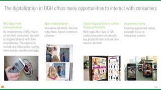 143 
NFC (Near Field Communication) 
By implementing a NFC chip in an ad shell, consumers are able to respond directly with their smartphones. The options to include are video/audio, buying, store locator, voucher and apps. 
Web enabled objects 
Interactive ad shells, like live video feed, digital screens or cameras. 
The digitalization of OOH offers many opportunities to interact with consumers 
Digital Flagship Store or Online Shopping Ad shells 
With apps like Layaror QR codes consumers can directly buy products from stickers on a store or ad shell 
Augmented reality 
Creating augmented reality concepts focus on interactive content  