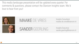 153 
SANDER GEERLING 
Insights Executive 
sander.geerling@starcom.nl 
MAAIKE DE VRIES 
Insights Consultant 
maaike.de.vries@starcom.nl 
This media landscape presentation will be updated every quarter. For comments & questions, please contact the Starcom Insights team. We’d love to hear from you! 