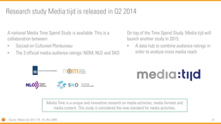 27 
A national Media Time Spend Study is available. This is a collaboration between: 
•Sociaalen CultureelPlanbureau 
•The 3 official media audience ratings: NOM, NLOand SKO 
Research study Media:tijdis released in Q2 2014 
On top of the Time Spend Study, Media:tijdwill launch another study in 2015: 
•A data hub to combine audience ratings in order to analyze cross media reach 
Media:Timeis a unique and innovative research on media activities, media formats and media content. This study is considered the new standard for media activities. 
Source: Media:tijd2014, TA: 13+ (N=2,989)  