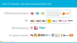 49 
STER (Dutch Government) 
RTL 
SBSBroadcasting 
54 regionalchannels 
Dutch TV channels, with advertising possibilities (I/II) 
Source: retriever.nl, Sept 2014 
Note: RTL 7 andRTL Z share a channel;RTL Lounge andRTL Crime are paid(digital) channels 
Radio andTV channelsof Dutch Public Broadcastingare rebrandedas NPO.  