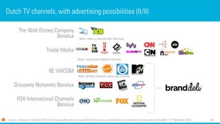 50 
The Walt Disney Company Benelux 
Triade Media 
BE VIACOM 
Discovery Networks Benelux 
FOX International ChannelsBenelux 
Dutch TV channels, with advertising possibilities (II/II) 
Source: retriever.nl, October 2014 | http://www.adformatie.nl/nieuws/bericht/ad-sales-samenwerking-fox-international-channels-en-branddeli, 12thNovember 2013 
Note: share a channelwithVeronica 
Note: mostlypaid(digital) channels 
Note: allNick channelsshare onechannel.  