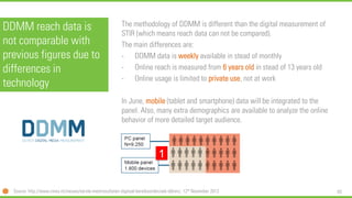 83 
DDMM reach data is not comparable with previous figures due to differences in technology 
The methodology of DDMM is different than the digital measurement of STIR (which means reach data can not be compared). 
The main differences are: 
-DDMM data is weeklyavailable in stead of monthly 
-Online reach is measured from 6 years old in stead of 13 years old 
-Online usage is limited to private use, not at work 
In June, mobile(tablet and smartphone) data will be integrated to the panel. Also, many extra demographics are available to analyze the online behavior of more detailed target audience. 
Source: http://www.vinex.nl/nieuws/eerste-meetresultaten-digitaal-bereiksonderzoek-ddmm/, 12thNovember 2013  