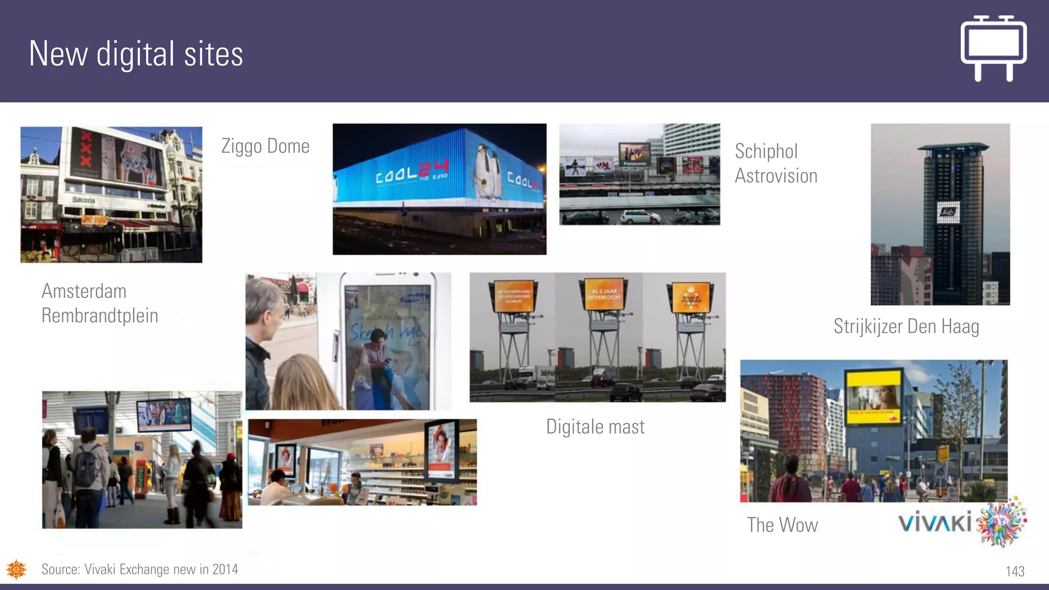 143
New digital sites
Source: Vivaki Exchange new in 2014
Amsterdam
Rembrandtplein
Ziggo Dome
Digitale mast
The Wow
Strijkijzer Den Haag
Schiphol
Astrovision
 