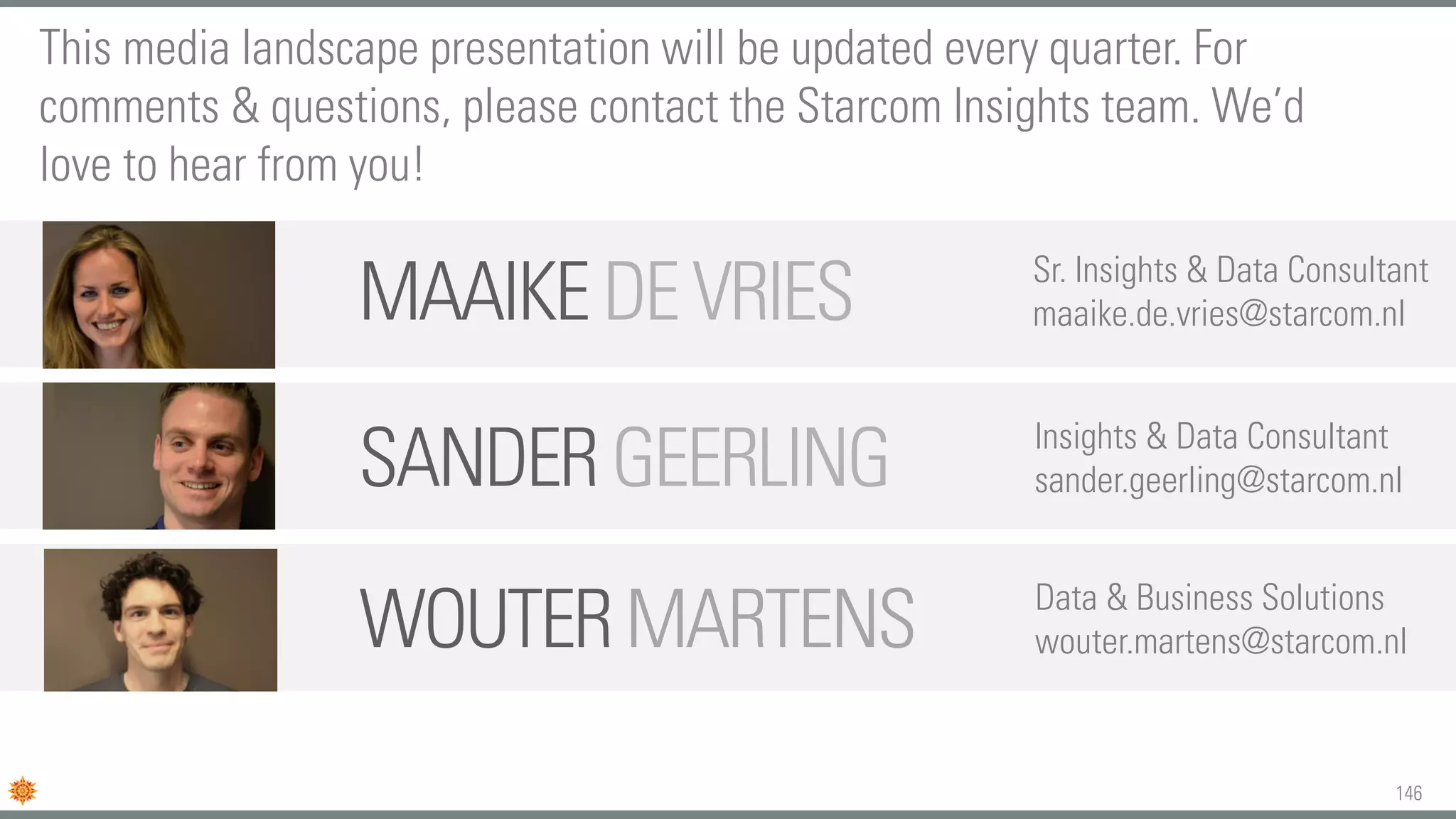 146
SANDER GEERLING Insights & Data Consultant
sander.geerling@starcom.nl
MAAIKEDEVRIES Sr. Insights & Data Consultant
maaike.de.vries@starcom.nl
This media landscape presentation will be updated every quarter. For
comments & questions, please contact the Starcom Insights team. We’d
love to hear from you!
WOUTERMARTENS Data & Business Solutions
wouter.martens@starcom.nl
 