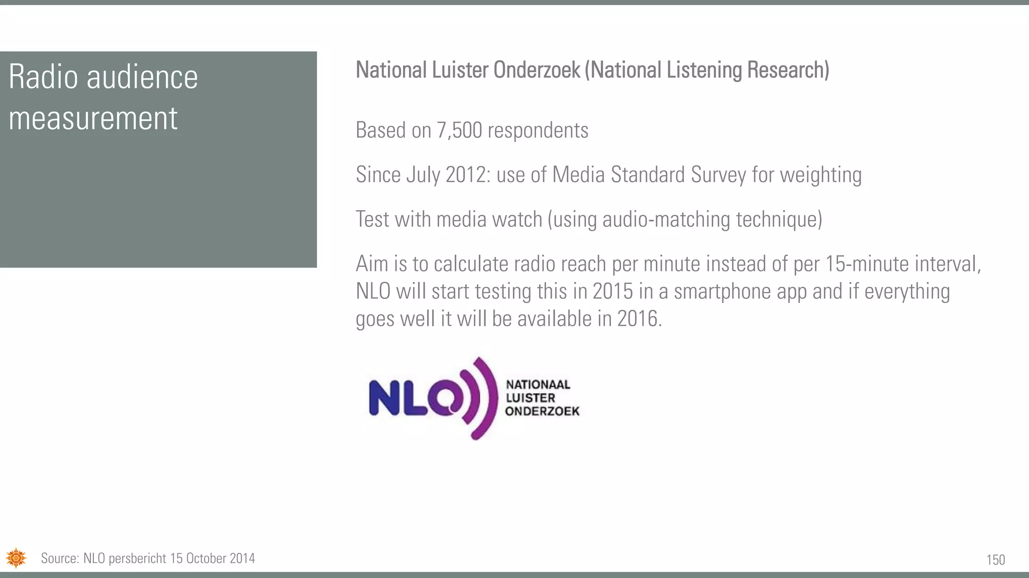 150
Radio audience
measurement
National Luister Onderzoek (National Listening Research)
Based on 7,500 respondents
Since July 2012: use of Media Standard Survey for weighting
Test with media watch (using audio-matching technique)
Aim is to calculate radio reach per minute instead of per 15-minute interval,
NLO will start testing this in 2015 in a smartphone app and if everything
goes well it will be available in 2016.
Source: NLO persbericht 15 October 2014
 