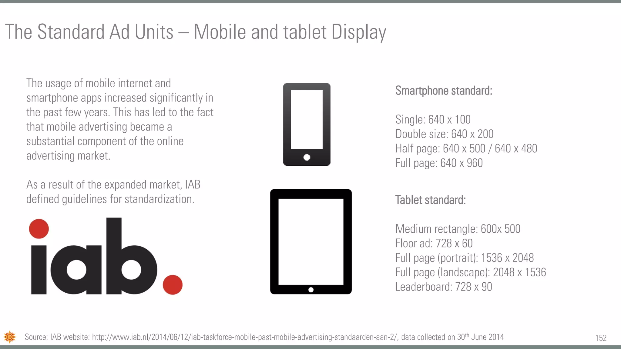 152
The Standard Ad Units – Mobile and tablet Display
Source: IAB website: http://www.iab.nl/2014/06/12/iab-taskforce-mobile-past-mobile-advertising-standaarden-aan-2/, data collected on 30th June 2014
The usage of mobile internet and
smartphone apps increased significantly in
the past few years. This has led to the fact
that mobile advertising became a
substantial component of the online
advertising market.
As a result of the expanded market, IAB
defined guidelines for standardization.
Display banner Smartphone
Smartphone standard:
Single: 640 x 100
Double size: 640 x 200
Half page: 640 x 500 / 640 x 480
Full page: 640 x 960
Tablet standard:
Medium rectangle: 600x 500
Floor ad: 728 x 60
Full page (portrait): 1536 x 2048
Full page (landscape): 2048 x 1536
Leaderboard: 728 x 90
 